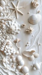seashells, pearls, and beads meticulously arranged to form an intricate pattern, evoking the serene ambiance of the ocean bottom in a detailed and realistic texture.