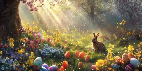 A rabbit is nestled among the flowers in a meadow surrounded by lush green grass and beautiful natural landscape in a forest AIG42E - 777665877