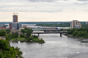 Portage Bridge between Ottawa, Ontario and Gatineau, Quebec in Canada. City view from Major's Hill...
