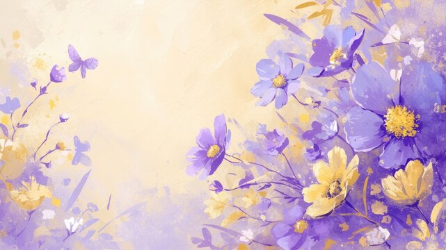 Vivid purple and gold oil-painted flowers with bright butterfly backdrop. Stunning floral illustration for nature lovers