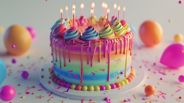 an AI image of a vibrant and colorful birthday cake with candles, isolated on a white background attractive look