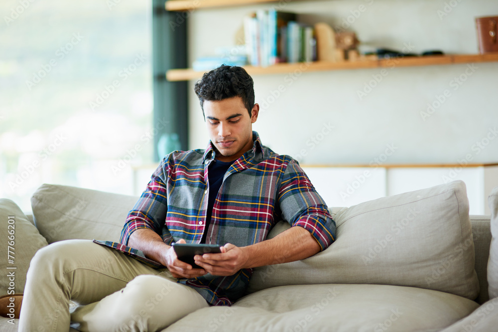 Sticker Man, tablet and sofa for internet entertainment in home for streaming website, subscription or movie. Male person, couch and relax weekend in apartment for watching film in house, media or networking