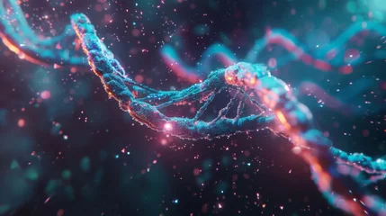 Fotobehang A 3D illustration depicts a glowing blue DNA helix with light particles. © Alena