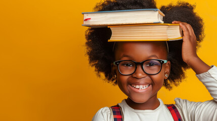 A girl balances a stack of colorful books on her head, grinning broadly in a yellow-themed setting.