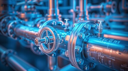 Close-up of industrial pipes and valves on blue toned background - obrazy, fototapety, plakaty