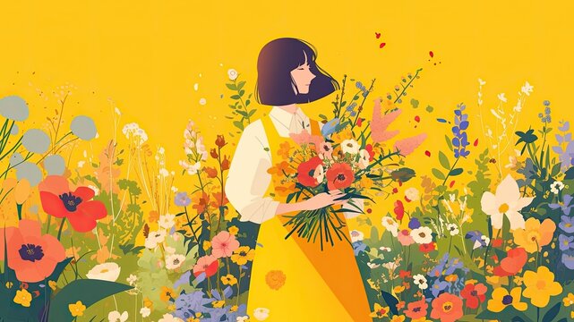 Vibrant florist girl picking flowers in colorful garden, perfect for summer concept, relaxation, and love. Ideal for wallpapers, postcards.