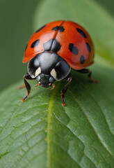 Fototapeta premium a macro photo of a ladybug crawling on a leaf