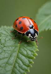 Fototapeta premium a macro photo of a ladybug crawling on a leaf