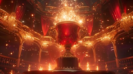 an AI image of an opulent red and gold trophy cup on a stage, surrounded by dazzling lights and a sense of grandeur attractive look - obrazy, fototapety, plakaty