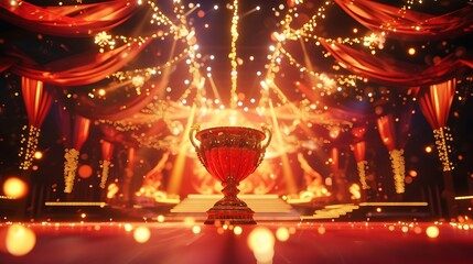 an AI image of an opulent red and gold trophy cup on a stage, surrounded by dazzling lights and a sense of grandeur attractive look - obrazy, fototapety, plakaty
