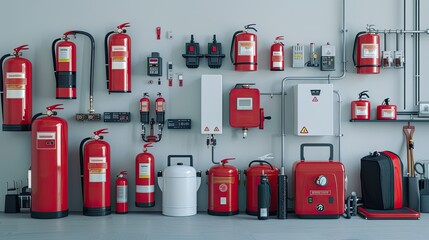 a comprehensive array of fire safety solutions, including extinguishers, alarms, suppression systems, and more, in a single impactful image.