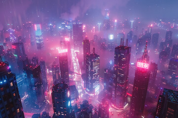 futuristic cityscape at night with glowing neon lights and skyscrapers - obrazy, fototapety, plakaty