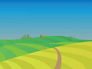 Roads trough fields to farm. Green landscape. Farm houses, country winding road on meadows, fields. Rural community. Sunny day, blue sky, hills.