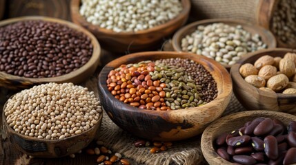 Obraz premium Assorted Beans and Nuts in Wooden Bowls