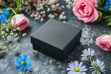 A matte black packaging box is elegantly showcased amidst an array of delicate pink roses, baby's breath, and vivid blue flowers on a dark, textured surface