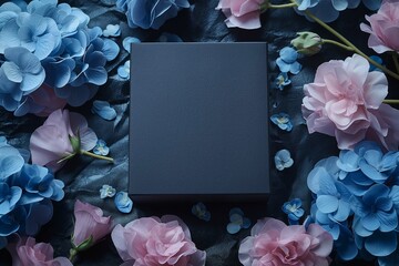 A sophisticated black mockup box is beautifully presented amidst a lush arrangement of pink and blue hydrangeas, the vivid colors striking against the dark textured surface