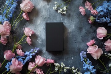 An elegant black rectangular mockup box is centered on a textured dark metallic surface, surrounded by delicate pink and blue flowers, invoking a sense of sophisticated beauty