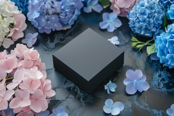 A sleek black mockup box is elegantly placed amidst a vibrant array of blue and pink hydrangeas on a dark metallic surface, creating a striking contrast