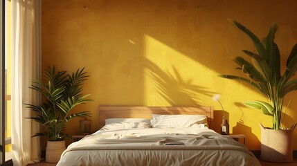 an AI image showcasing the fusion of modern style and yellow wall texture in a bedroom attractive look