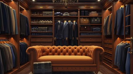 an AI image showcasing the interior of an opulent male wardrobe with a comfortable brown sofa, adorned with an array of high-end suits attractive look - obrazy, fototapety, plakaty