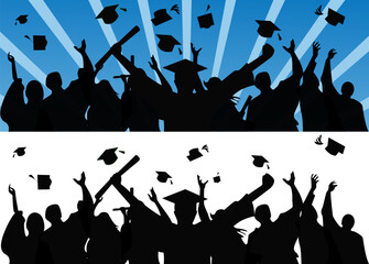 Graduates throw their caps into the sky. Festive illustration on the theme of graduation from university and college. Vector eps 10. People celebrating. Black silhouette on a white and blue background