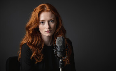 Portrait of a beautiful red-haired model talking studio microphone, a ginger model with a face of beauty and red hair, noir, contrast