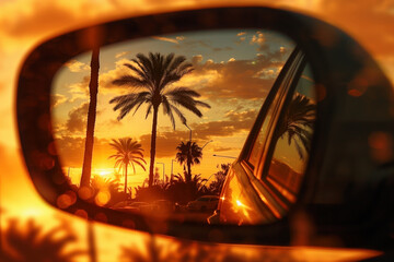 Reflection of golden sunset in wing mirror of a car at the roadside - obrazy, fototapety, plakaty