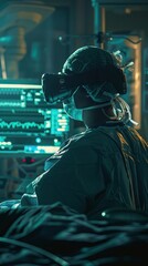 Fototapeta premium Medium shot of a surgeon immersed in a virtual reality surgical training session, with teal highlights in the VR environment