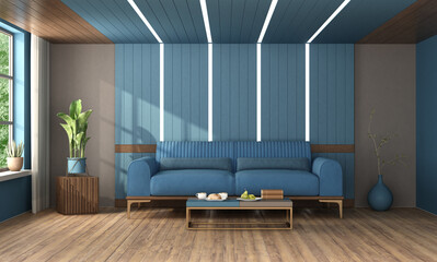 Contemporary living room design with led light, blue couch and sleek minimalist decor