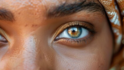 Close-up of an ethnic woman's eye, golden makeup, detailed iris, headdress.