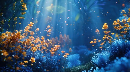 Medium shot of a serene underwater scene illuminated only by the neon glow of microscopic marine life, emphasizing the beauty of plankton