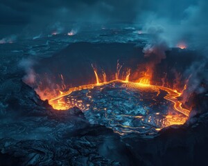Medium shot of a nocturnal view of a hydrothermal area on a volcano, with glowing gases visible in the darkness
