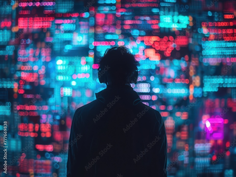Poster Medium shot of a hacker's silhouette against a backdrop of neon cybersecurity warnings flashing across multiple screens