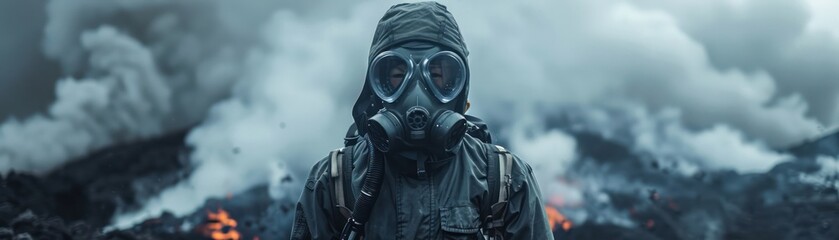 Medium shot of a hiker wearing a gas mask while exploring hydrothermal vents near an active volcano - obrazy, fototapety, plakaty