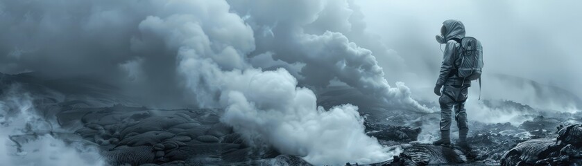 Medium shot of a hiker wearing a gas mask while exploring hydrothermal vents near an active volcano - obrazy, fototapety, plakaty