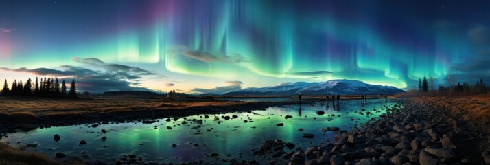 Fototapeta na wymiar Aurora borealis lights up the sky over a flowing river
