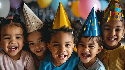 festive celebration with children radiating happiness at a birthday party. Let their joyful expressions light up your heart!