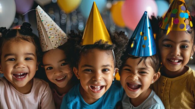 festive celebration with children radiating happiness at a birthday party. Let their joyful expressions light up your heart!