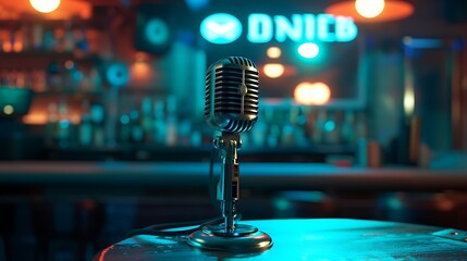 an AI interpretation of a metal microphone placed on a bar with a beautifully blurred background attractive look - obrazy, fototapety, plakaty