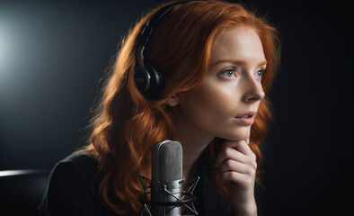 Portrait of a beautiful red-haired model talking studio microphone, a ginger model with a face of beauty and red hair, noir, contrast