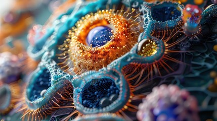 Close-up of the intricate structures of a eukaryotic animal cell, highlighting the nucleus and mitochondria - obrazy, fototapety, plakaty