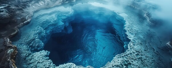 Close-up of the intense blue waters of a hydrothermal pool in a volcanic region, with steam obscuring the edges