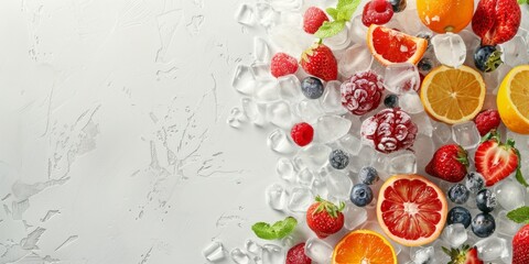 Variety of Fruits and Ice on White Background - obrazy, fototapety, plakaty