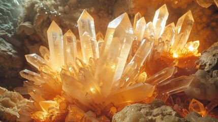 Close-up of the unique crystal formations within a hydrothermal cave, illuminated for dramatic effect