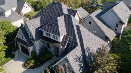 Aerial view of asphalt shingles construction site roofing the house with new window - 777670626