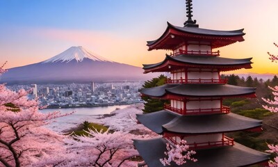 Obraz premium Fujiyoshida, Japan Beautiful view of mountain Fuji and Chureito pagoda at sunset, japan in the spring with cherry blossoms