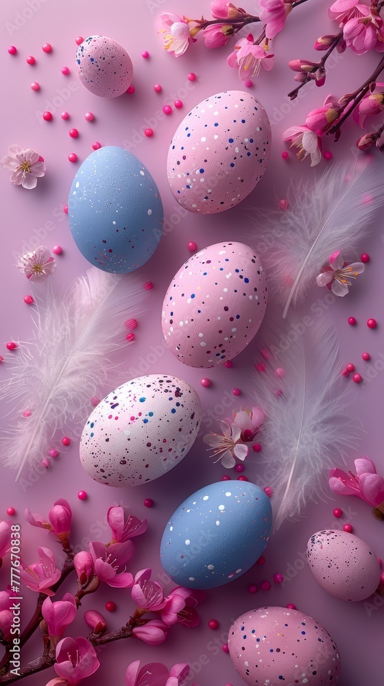 Poster serene easter backdrop with feathers and vibrant eggs generative ai