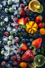 Various Fruits and Ice Displayed on a Table