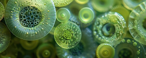 Close-up of diatoms with a greenish tint, showcasing their ornate silica shells under a microscope