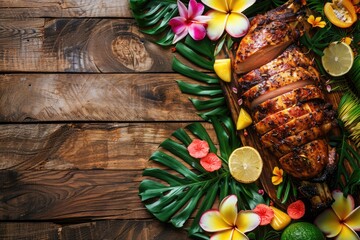 Caribbean roast meat with tropical fruits, tropical leaves and flowers, space for text